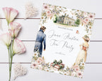 Small Welcome Sign for a Jane Austen Tea Party with floral design, couple in vintage attire illustration on a wooden surface with flowers.