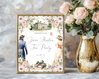 Gold framed welcome sign for a Jane Austen Tea Party with pink & white flowers, regency couple, mansion house and butterfly leaning against a wall next to a vase of pink roses