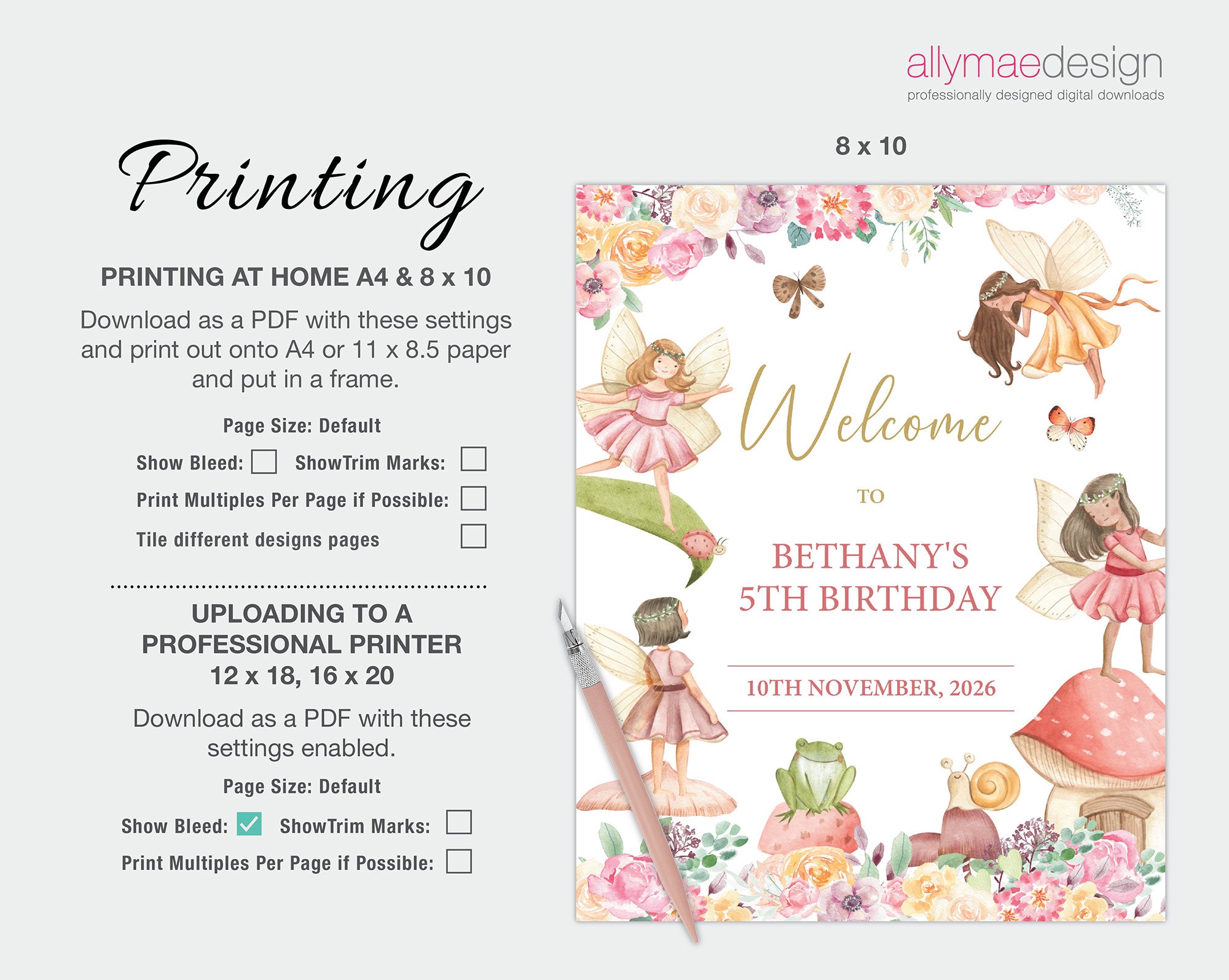 instructions on how to print the 8 x 10, A4 and 12 x 18 fairy garden welcome signs