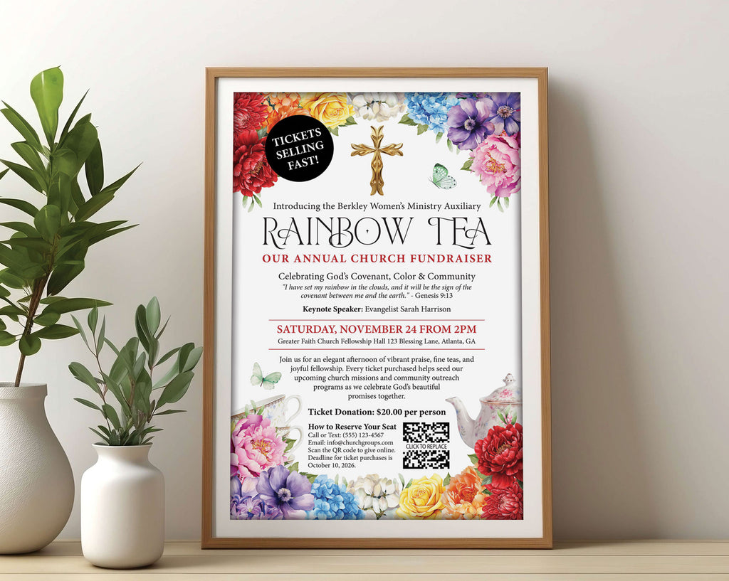 A church rainbow tea advertising poster with gold cross, teapot and scripture in a wooden frame leaning up against a beige wall next to a vase with greenery