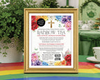 a church ladies rainbow tea fundraising flyer in a gold frame, propped up on a table with a rainbow tablecloth with a white vase with greenery in the background