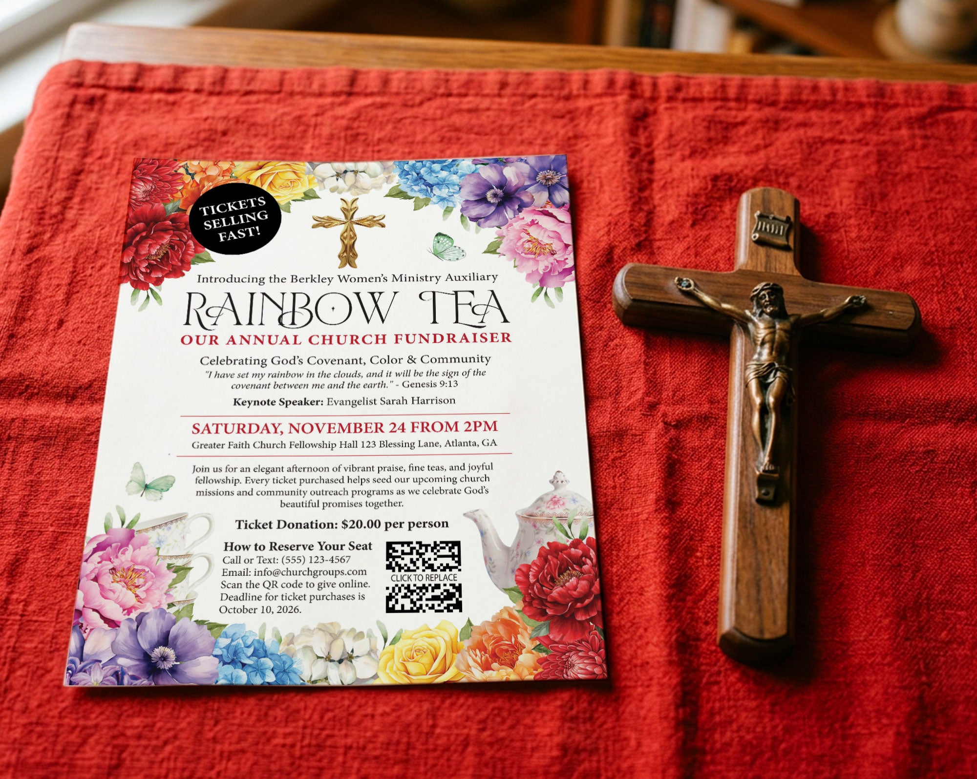 a red table cloth with a rainbow tea advertising flyer laying on it next to a wooden crucifix