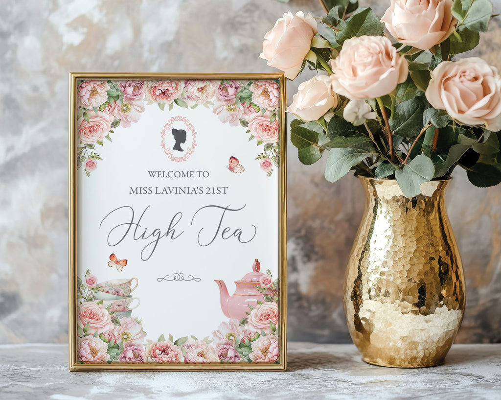 Bridgerton Inspired sign for a high tea event with floral design, framed and displayed next to a vase of flowers.