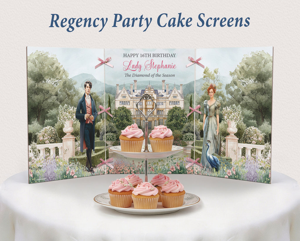 elegant bridgerton-inspired screen with diamond of the season, a regency couple and a peacock on a white table with a tiered stand of pink cupcakes in front