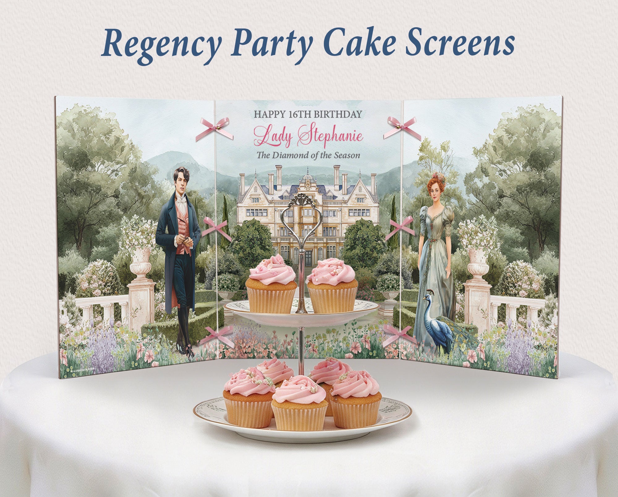 elegant bridgerton-inspired screen with diamond of the season, a regency couple and a peacock on a white table with a tiered stand of pink cupcakes in front