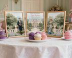 regency screen panels in wooden frames on a tea table with a selection of cupcakes