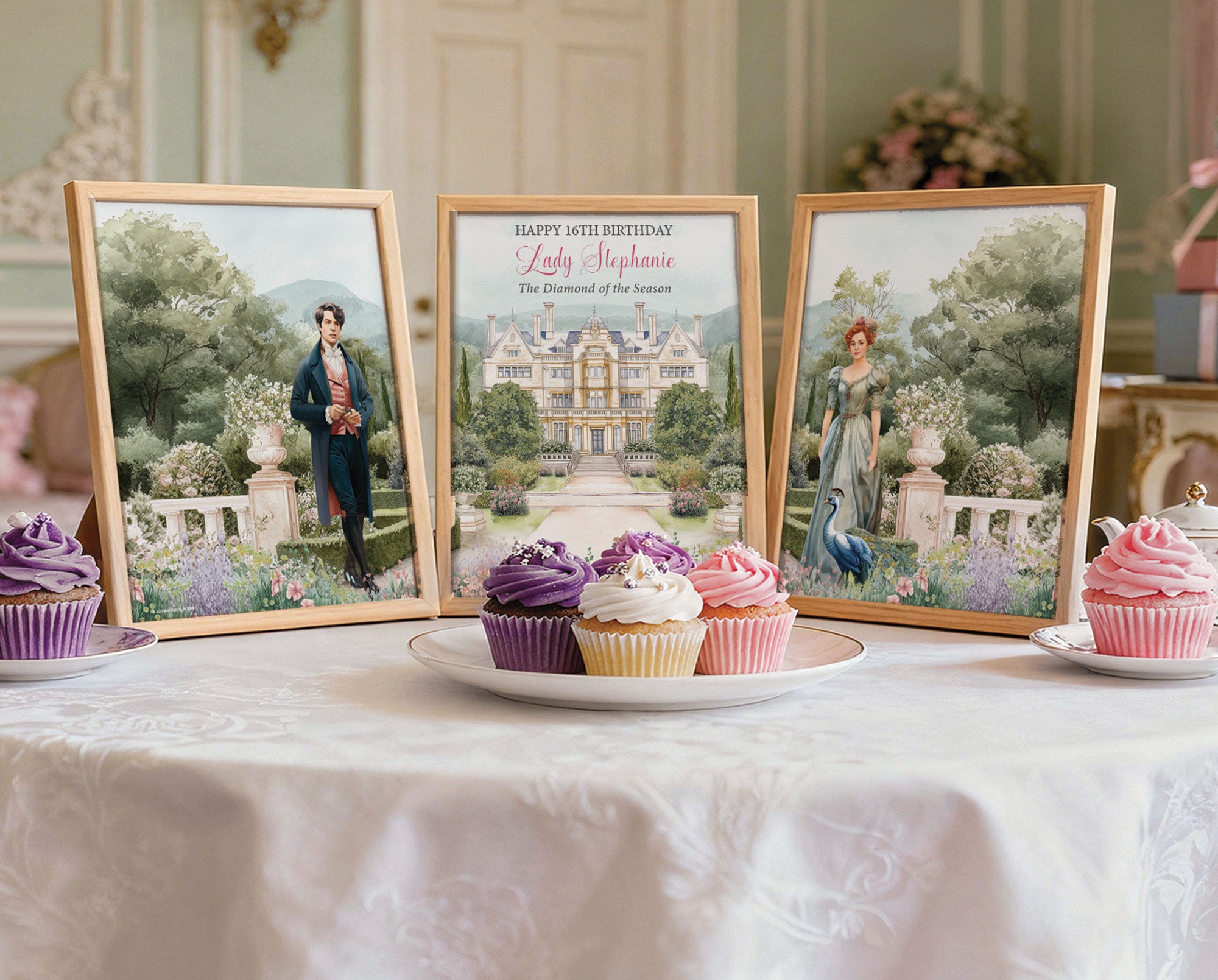 regency screen panels in wooden frames on a tea table with a selection of cupcakes