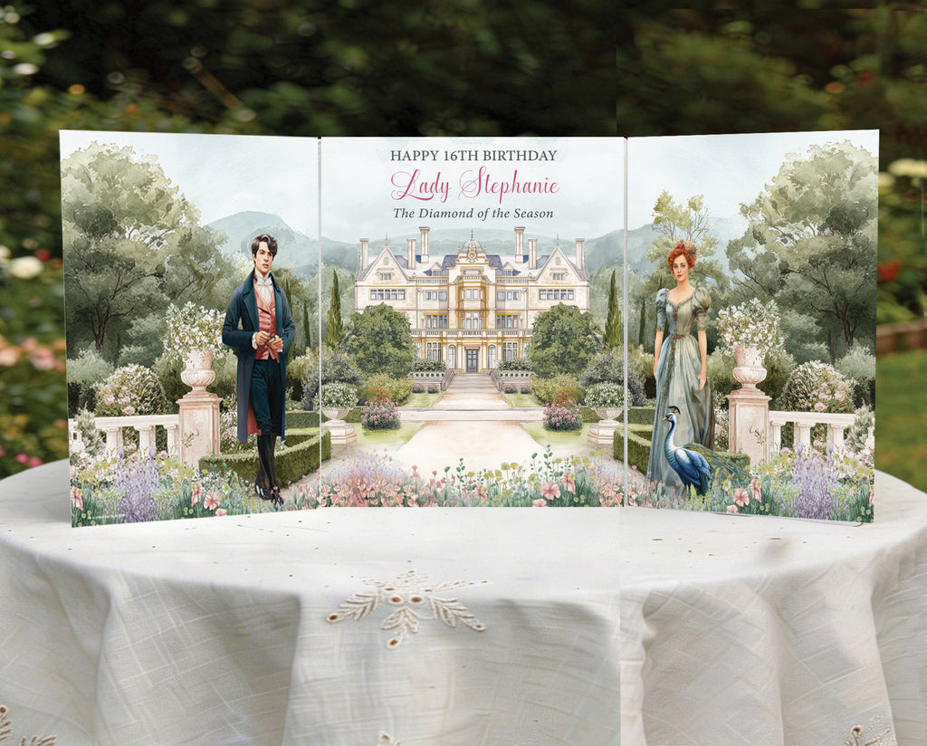 a table outside in a garden with a regency folded screen with couple, peacock, mansion and garden graphics sitting on it