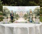 a table outside in a garden with a regency folded screen with couple, peacock, mansion and garden graphics sitting on it