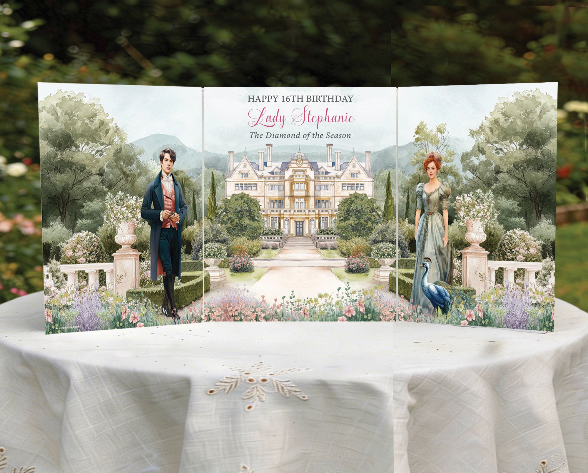a table outside in a garden with a regency folded screen with couple, peacock, mansion and garden graphics sitting on it