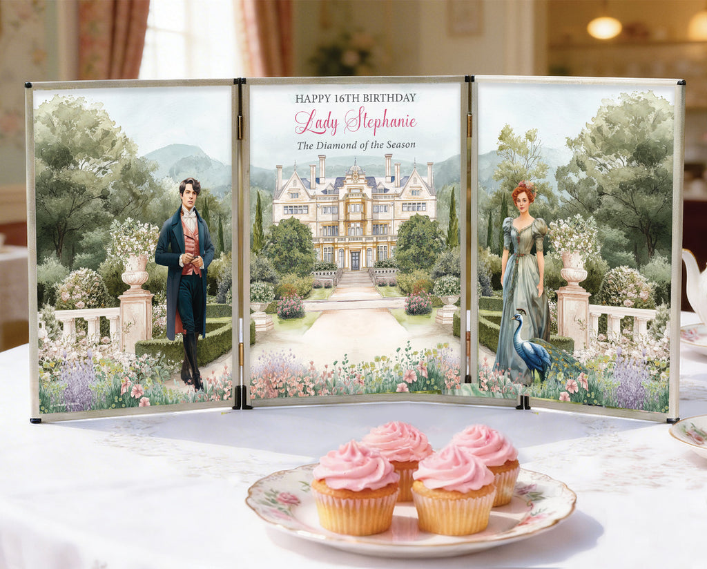 regency bridgerton style screen panels in upright frames with couple, peacock and mansion graphics sitting on a white table in a regency style room with pink icing cupcakes on a plate in front
