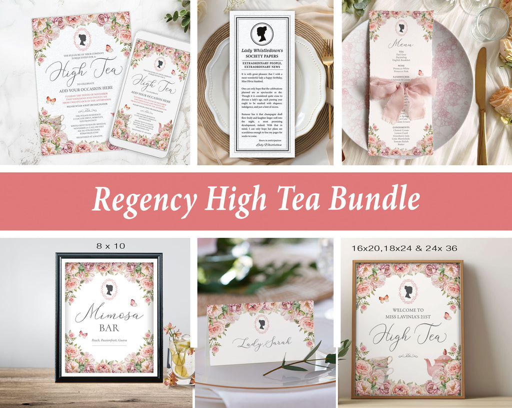 collage of a 9 piece Regency High Tea Bundle with blush pink and cameo design
