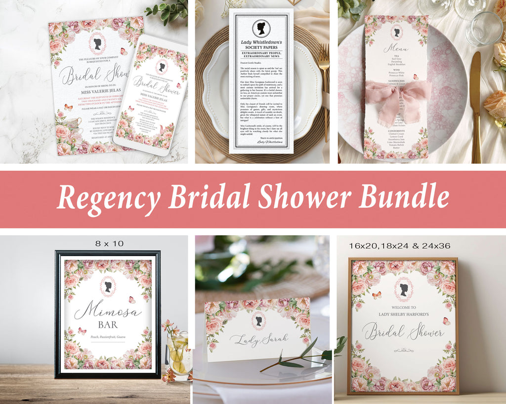 a collage showing a blush pink, 9 piece Regency bridal shower bundle with various products