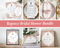 a collage showing a blush pink, 9 piece Regency bridal shower bundle with various products