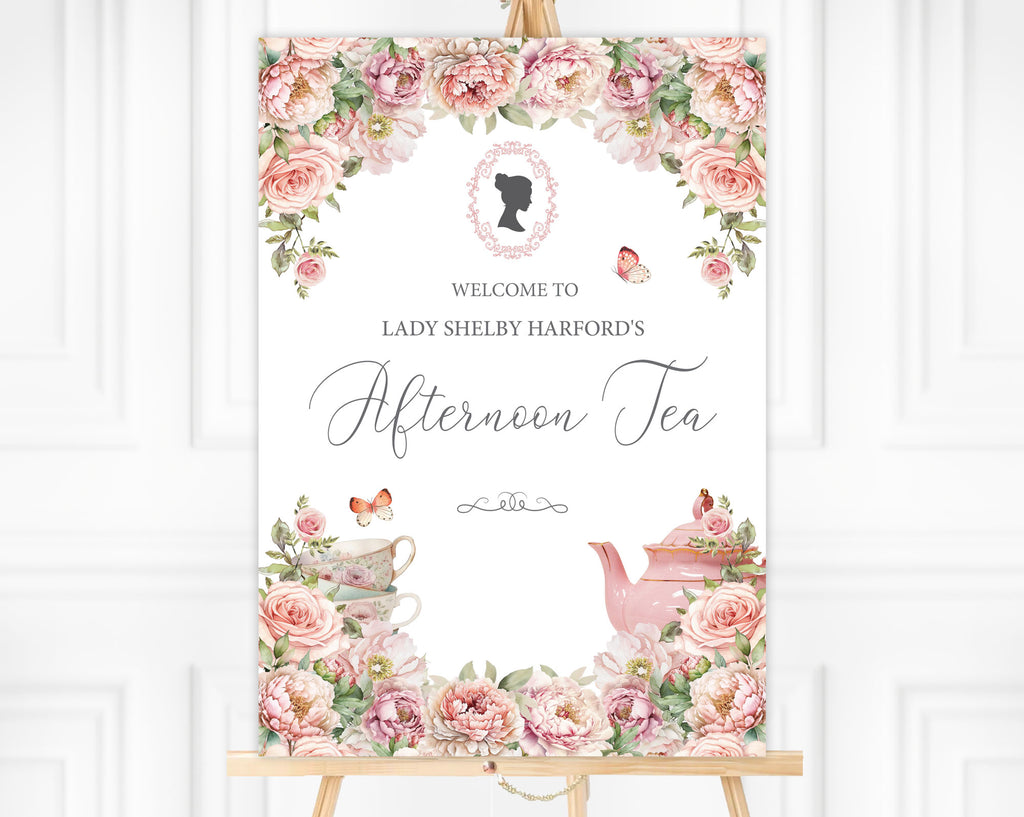Decorative welcome sign for an afternoon tea event with blush pink flowers, teapot and teacup illustration.