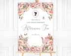 Decorative welcome sign for an afternoon tea event with blush pink flowers, teapot and teacup illustration.