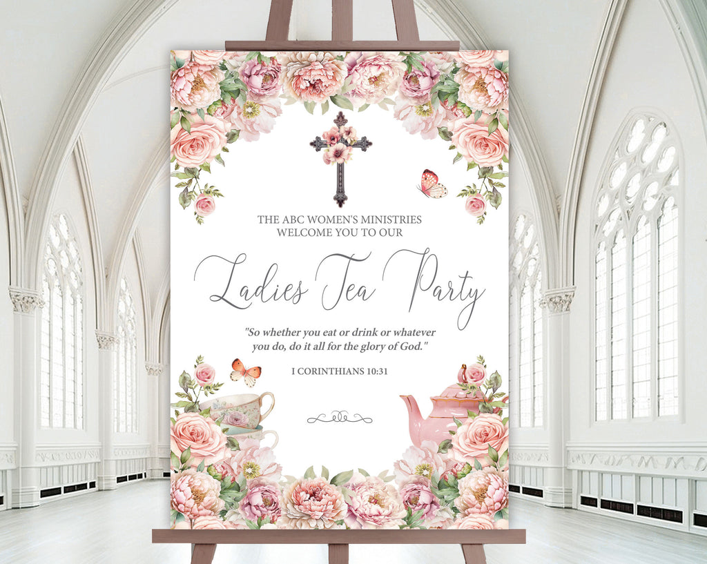 A1 blush pink flower christian church ladies tea party welcome sign on an easel with a white church hall in the background