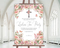 A1 blush pink flower christian church ladies tea party welcome sign on an easel with a white church hall in the background