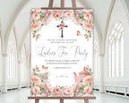 A1 blush pink flower christian church ladies tea party welcome sign on an easel with a white church hall in the background