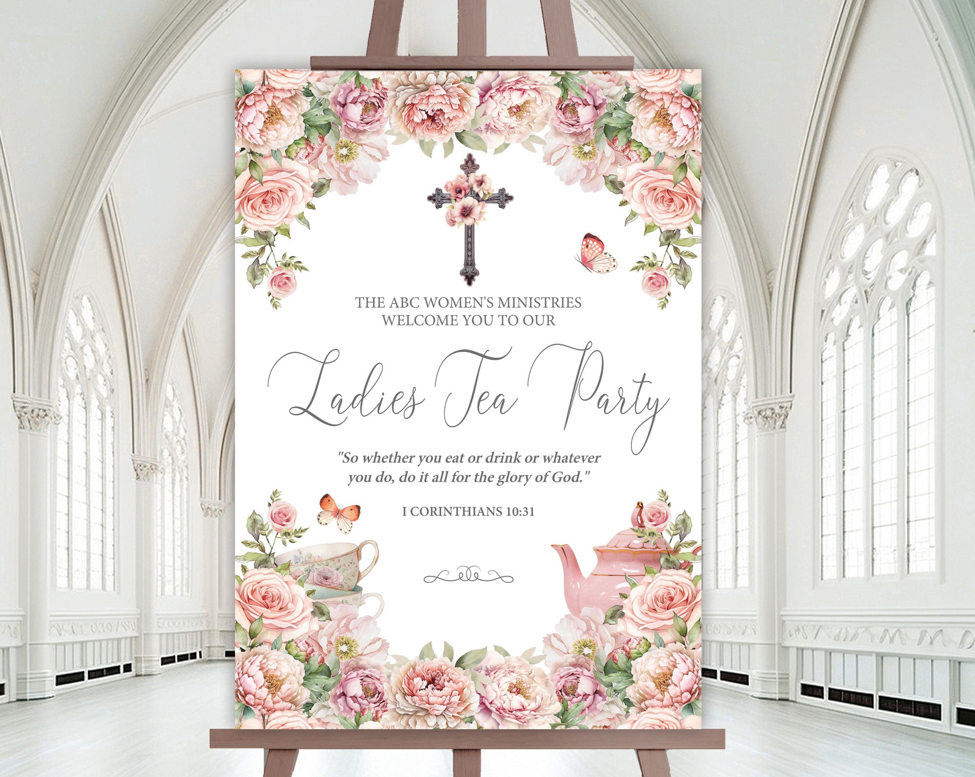 A1 blush pink flower christian church ladies tea party welcome sign on an easel with a white church hall in the background