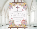 A1 christian church ladies tea party welcome sign on an easel with a white church hall in the background