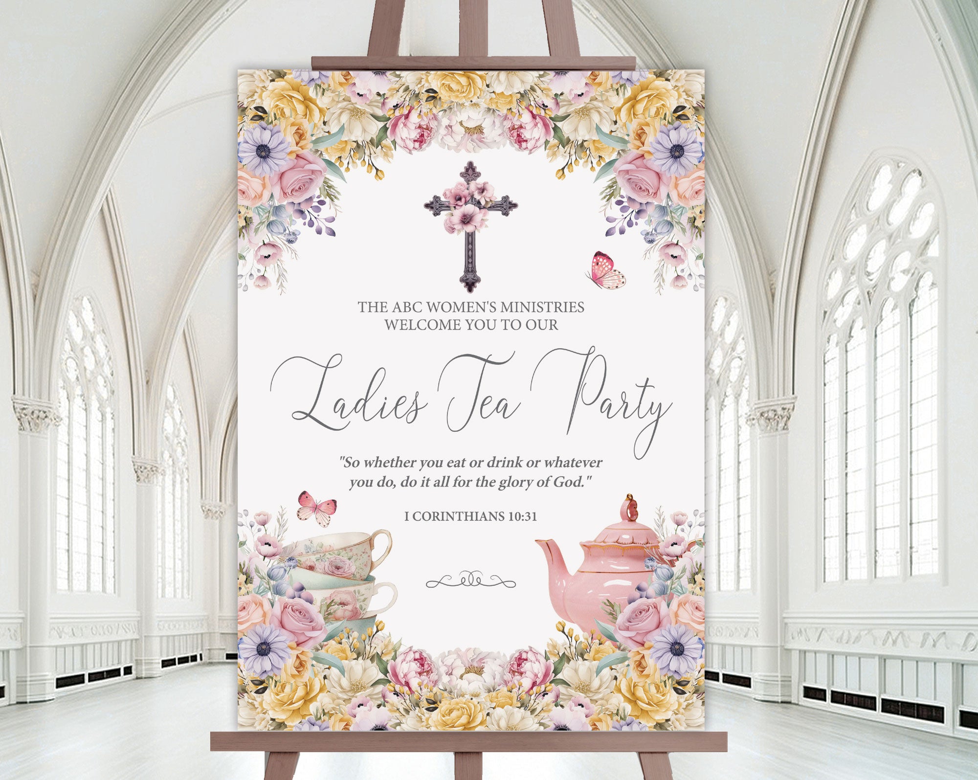 A1 christian church ladies tea party welcome sign on an easel with a white church hall in the background
