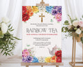 A1 church ladies rainbow tea welcome sign with gold cross graphic on a wooden easel in front of a white curtain and some flowers on stands