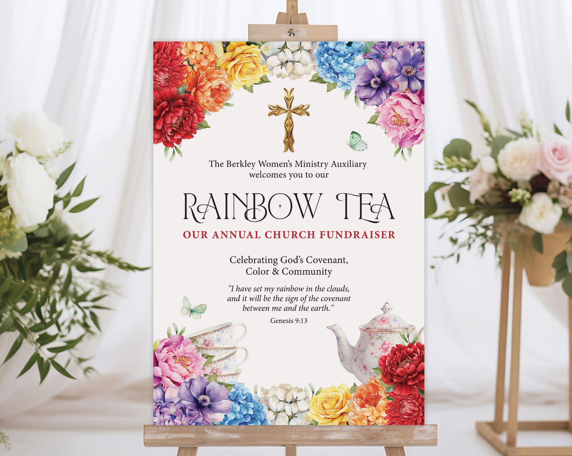 A1 church ladies rainbow tea welcome sign with gold cross graphic on a wooden easel in front of a white curtain and some flowers on stands