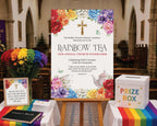 a bright A1 rainbow tea welcome sign on a wooden easel in a church room next to two white tables one with a visitors book and a small sign and the other with a white prize draw box