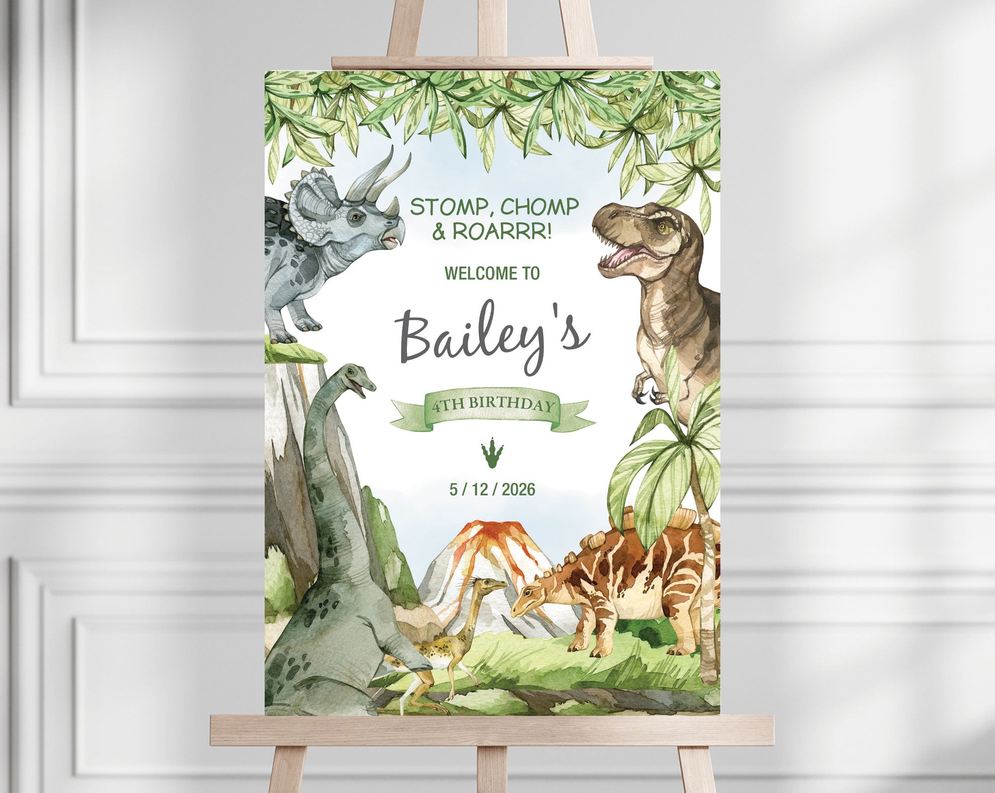 A1 dinosaur welcome sign for a kids party on an easel in front of a white panel wall