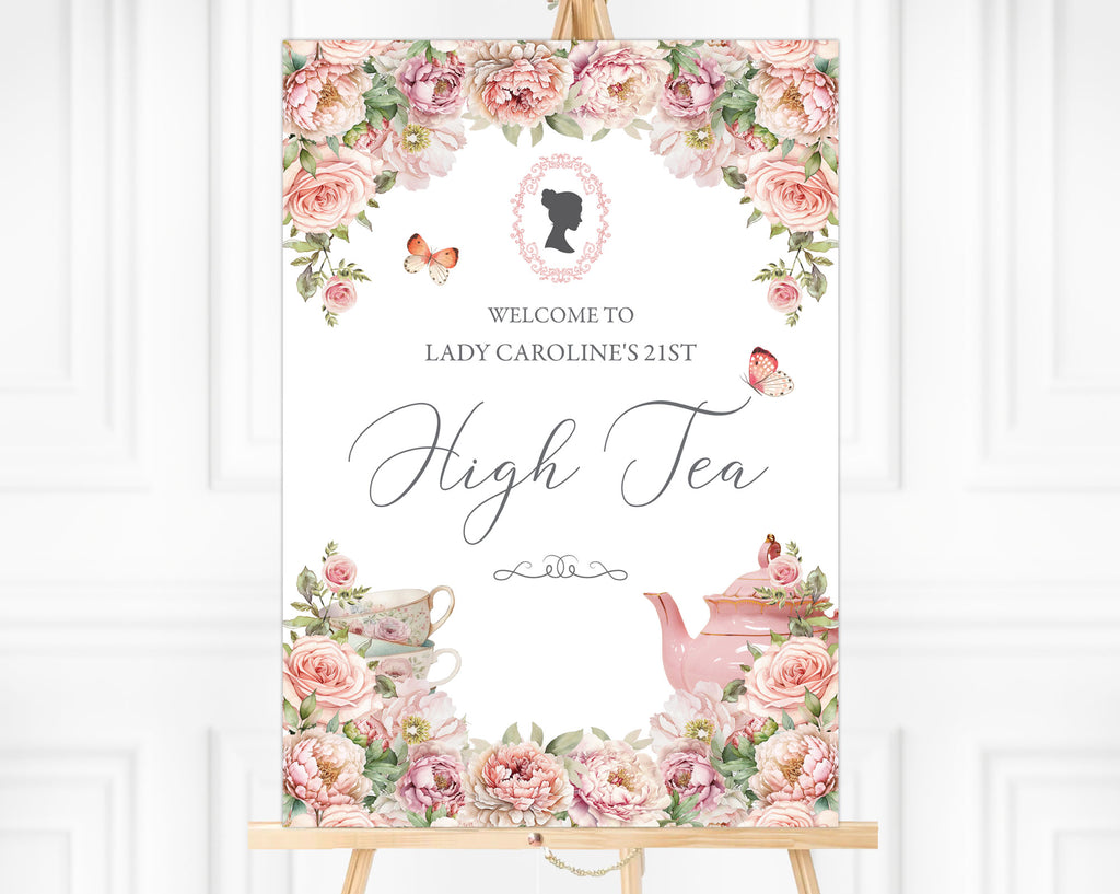 Elegant pink sign for a high tea event with floral design, cameo, butterflies and text on an easel