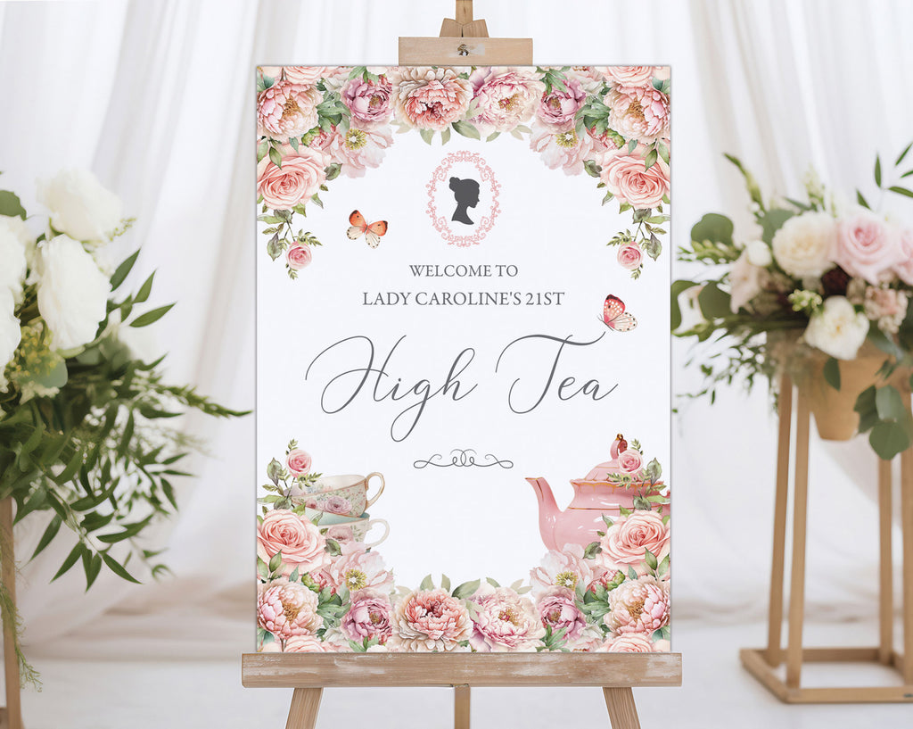 Decorative Bridgerton Inspired sign for a high tea event with blush pink floral design and regency cameo