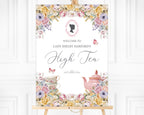 High Tea welcome sign on an easel with lady cameo, pink teapot and butterflies
