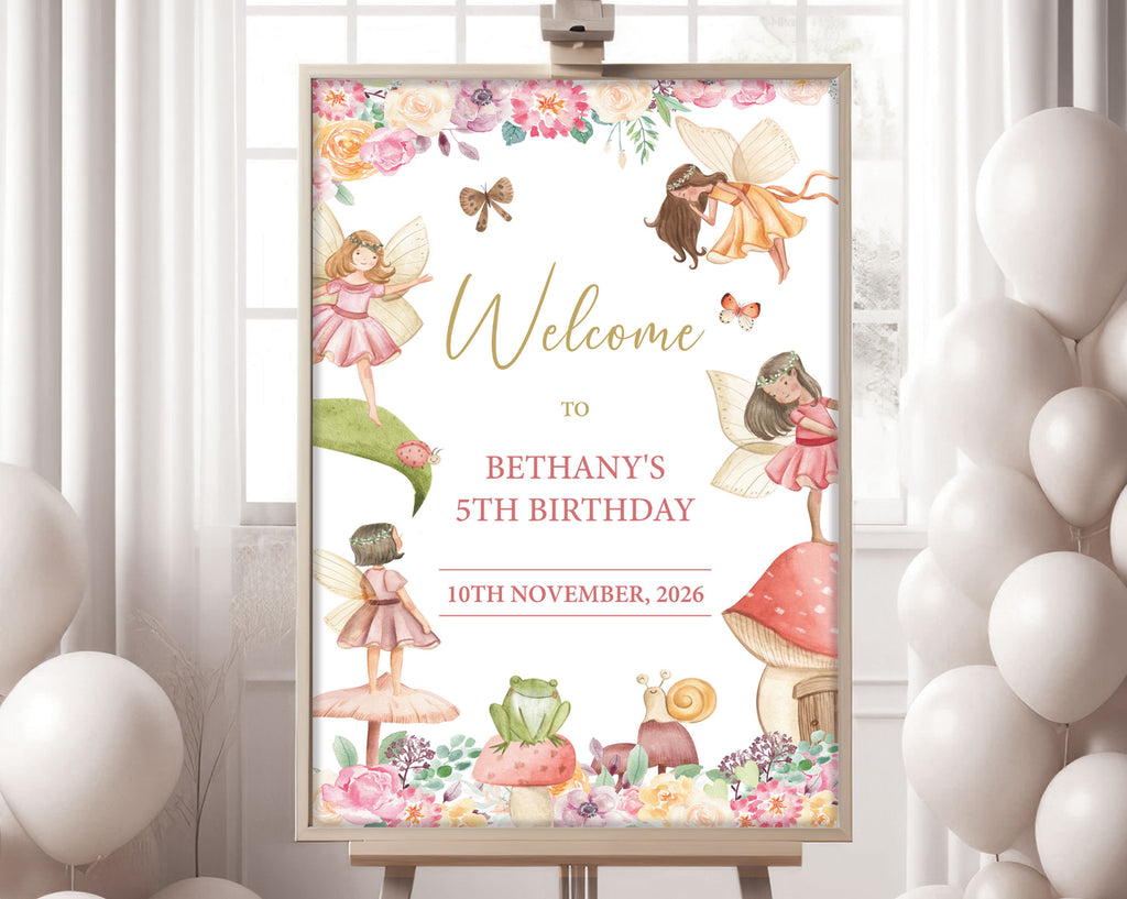An A1 fairy welcome sign in a wooden frame on an easel with a white wall with window and white balloons in the background