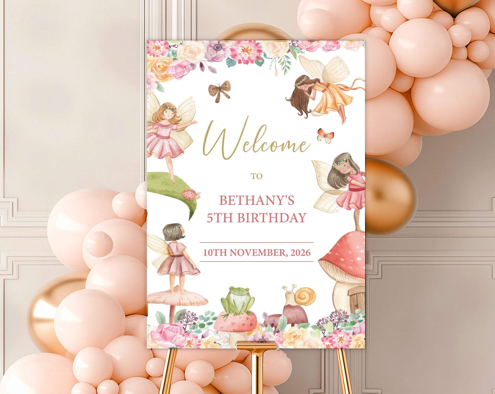 An A1 fairy garden tea party welcome sign on an easel with pink balloons behind