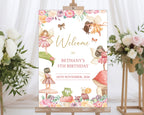 an A1 fairy garden birthday party welcome sign on an easel with flowers on stands in the background