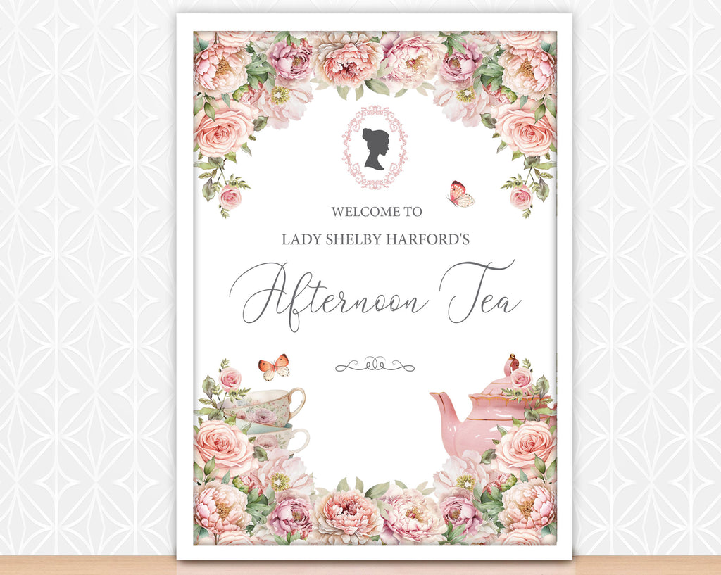 A2 afternoon tea welcome signwith floral design, regency cameo and teapot illustration.