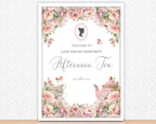 A2 afternoon tea welcome signwith floral design, regency cameo and teapot illustration.