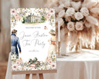 an A2 jane austen tea party welcome sign on a wooden easel in front of a table with creamy flowers