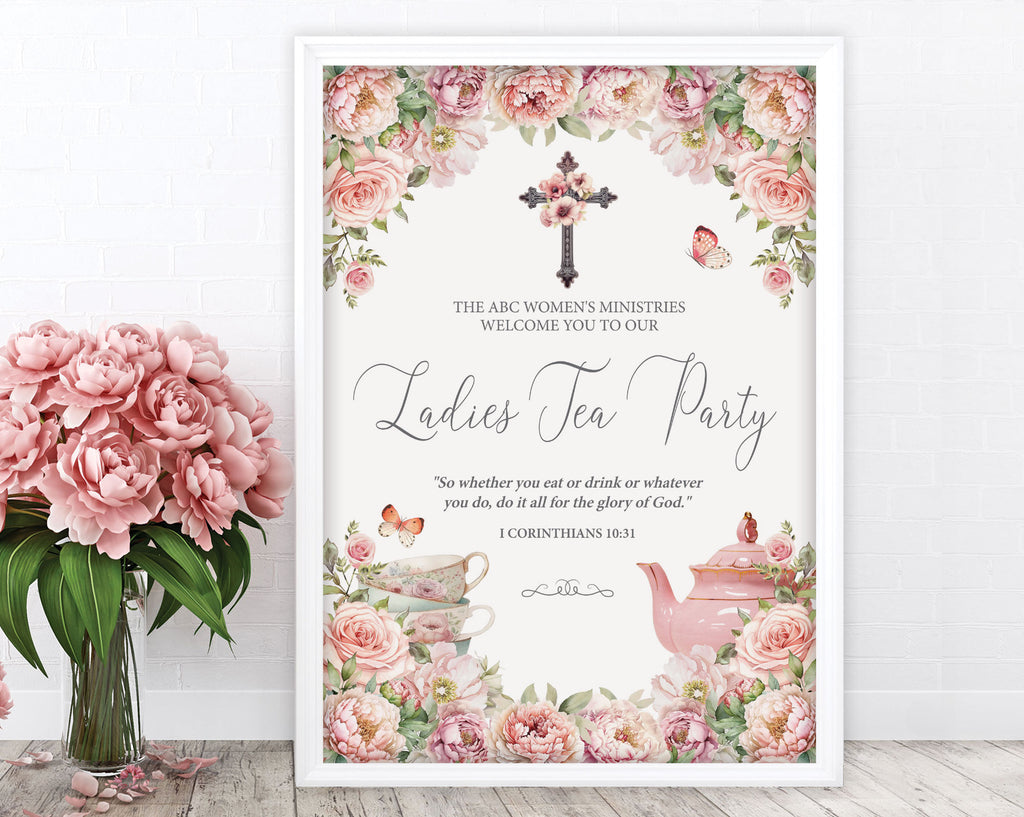 an A2 elegant blush pink flower ladies tea party welcome sign in a white frame leaning up against a white wall next to some pink flowers in a vase