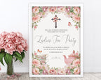 an A2 elegant blush pink flower ladies tea party welcome sign in a white frame leaning up against a white wall next to some pink flowers in a vase