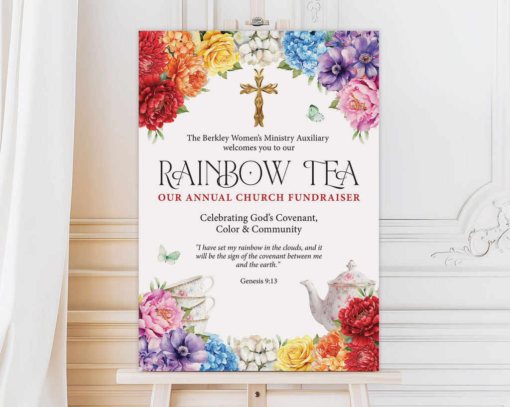 an A2 welcome sign for a church rainbow tea event with colorful flowers, gold cross and teapot graphics, on an easel with a white curtain and a white panelled wall in the background