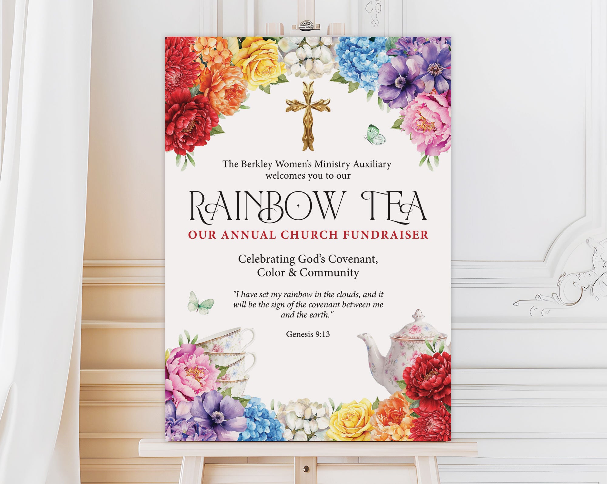 an A2 welcome sign for a church rainbow tea event with colorful flowers, gold cross and teapot graphics, on an easel with a white curtain and a white panelled wall in the background