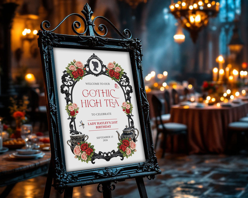 A2 mysterious black gothic high tea sign in an ornate frame with moody dark background with tables and lights