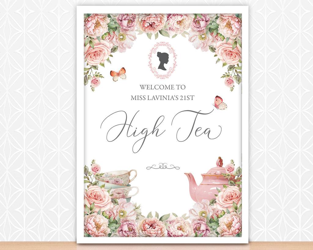 Framed sign for a high tea event with floral decorations and teacup design.
