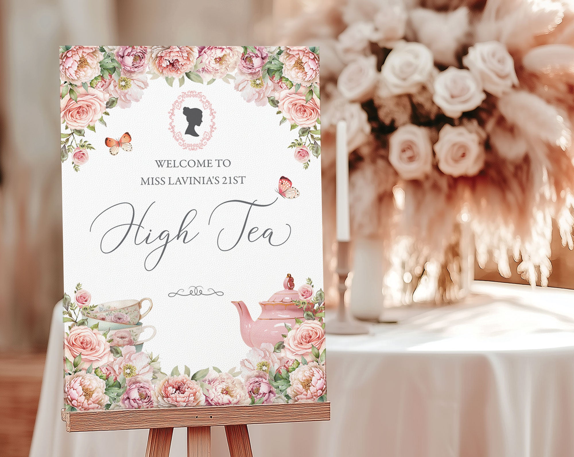 Blush pink sign for a high tea event with floral design and text.