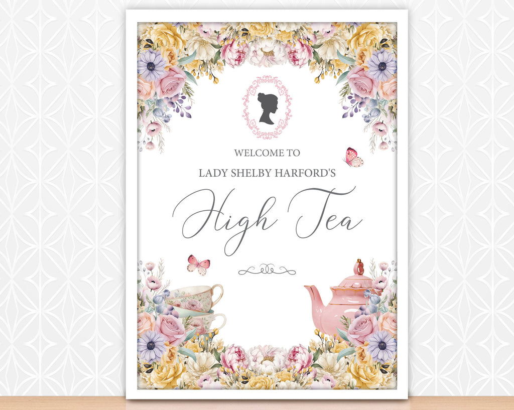 Framed High Tea Party sign with yellow, blue and pink flowers