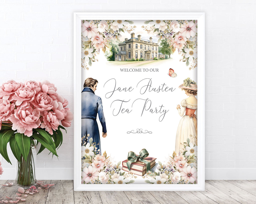 elegant jane austen inspired welcome sign with regency couple, austen mansion and book graphics in a white frame leaning up against a white wall next to some pink flowers in a vase