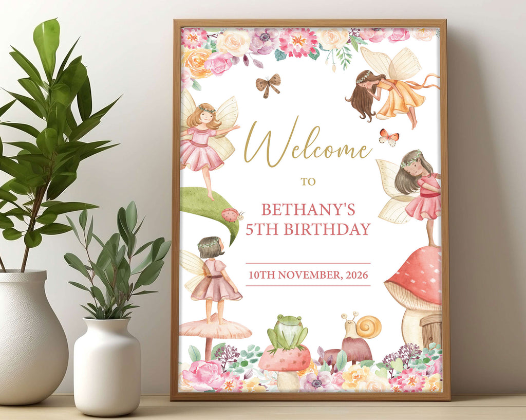 18 x 24 fairy tea party welcome sign leaning up against a beige wall next to some greenery in two white vases