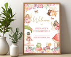 18 x 24 fairy tea party welcome sign leaning up against a beige wall next to some greenery in two white vases